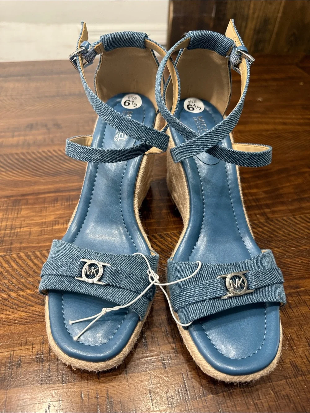 Michael Kors Mandy Denim Blue Espadrille Wedge Sandals with Ankle Wrap